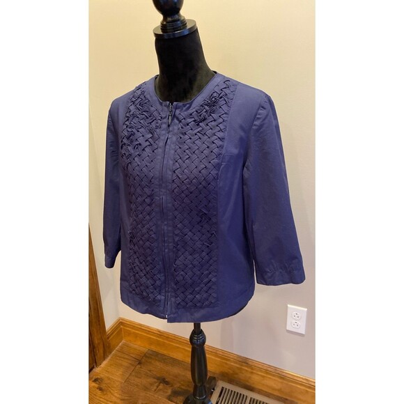 Coldwatercreek Jacket Sz 12 Navy Basket weave Design Zipper Front Gathered Back - Picture 4 of 12